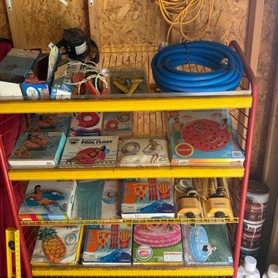 Swim floats, nice metal shelf, new unused hose