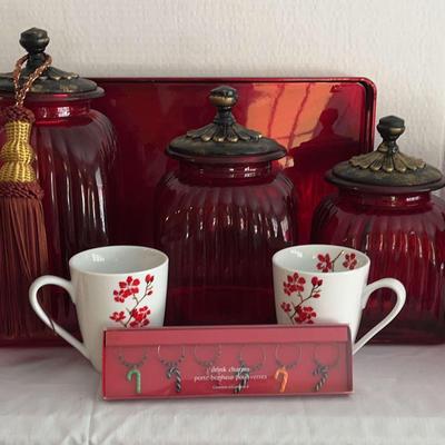 Ruby Red Glass Canister Set & Other Red Glass Pieces