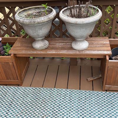 Wooden Bench With Planters & Safavieh Outdoor Rug