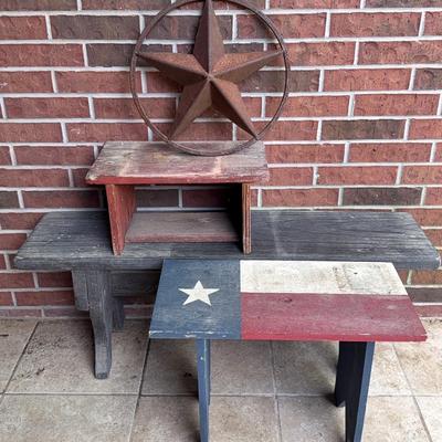 3 Rustic Benches and Wrought Iron Texas Star Decor 