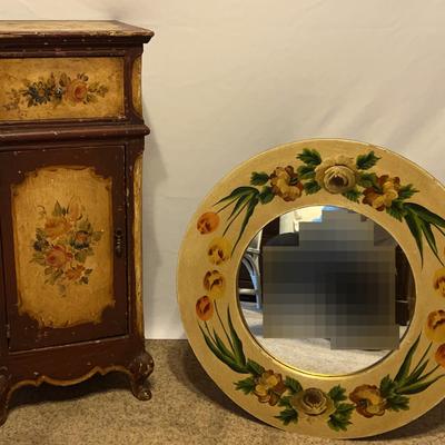 Antique Cabinet W/Hand-Painted Floral Design & Vintage Hand Painted Circle Mirror
