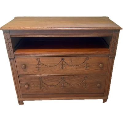Antique Carved Wood Chest Of 2 Drawers 