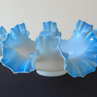 Fenton Blue Opalescent Fenton Glass Bowl with Ruffled Rim. Vintage Large Glass Bowl.