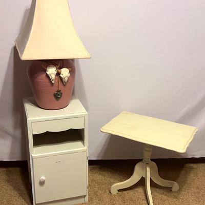Vase Lamp W/Shade, White Wood Bedside Table & White Painted Table