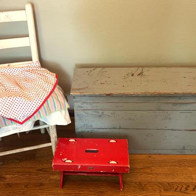 Wood Painted Trunk/Chest, BRIO Skammel, Wood White Chair W/Handmade Linens Included 