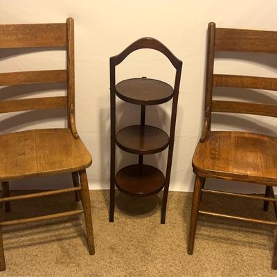 2 Wood Chairs & Wood 3 Tier Cake Stand 