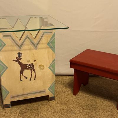 Native American Painted On Wood Stand W/Glass Top & Red Wood Step Stool 