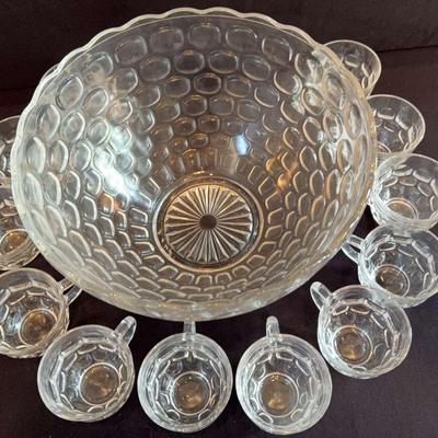 Vintage Glass Punch bowl With 12 Cups 