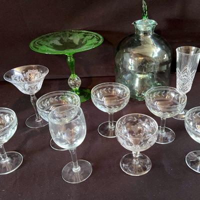 Miscellaneous Variety Glasses Green Display Stand And Thick Glass Canister 