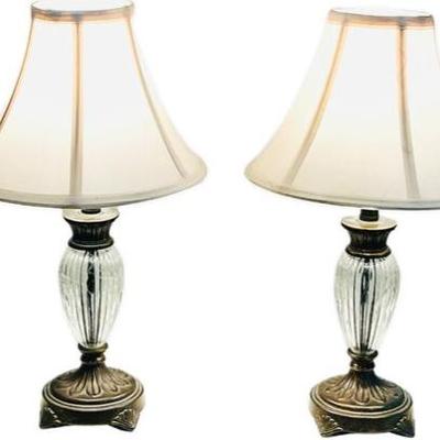 Pair Of Glass Table Lamps With Brushed Bronze Metal Base
