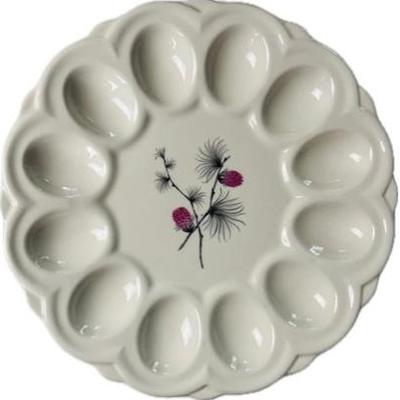 Porcelain Deviled Egg Plate - Signed "Canonsburg Wild Clover Pink Pine Cone"