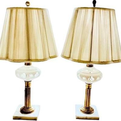 Pair Of Vintage Marble And Glass Lamps 