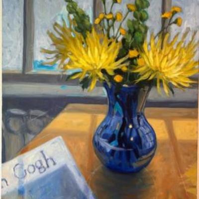 Yellow Mums In Blue Vase Painting - Original Oil Painting on Canvas - Unsigned but possibly by Britt Bair