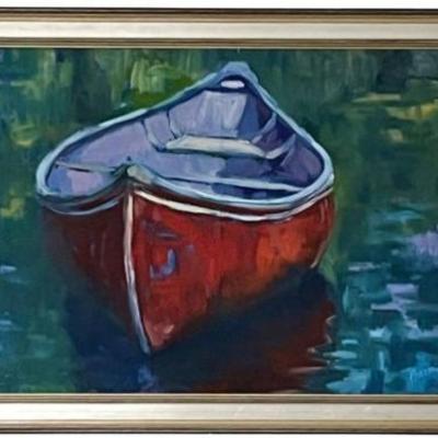 Red Canoe - Original Painting By Darien Artist Britt Bair