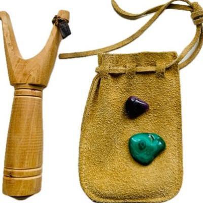 Sale Photo Thumbnail #149: Old Fashioned Sling Shot - Needs Sling - With Leather Pouch And Stones
