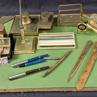 Vintage Brass Desk Set: Stamps, Scale, Ink Well w/ Pens, Calendar, Magnifier & More