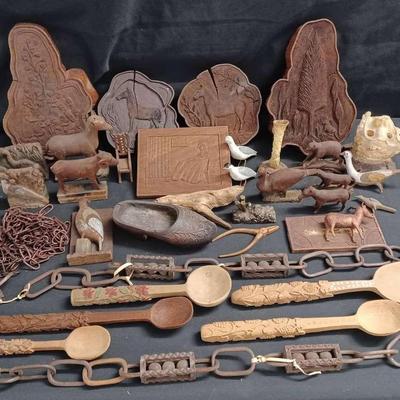 Eclectic Carved Wood Collection – Folk Art Spoons, Animals, Chains & More