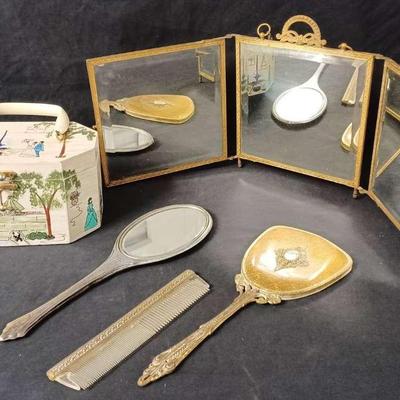 Annie Laurie Original Painted Purse, Elegant Vintage Vanity Mirror & Comb Set