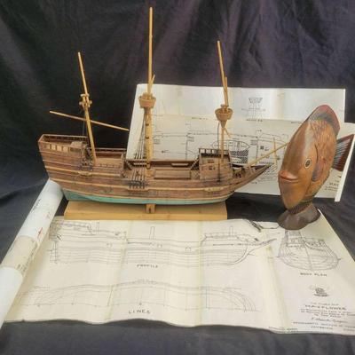 Mayflower Model Ship And Carved Koi