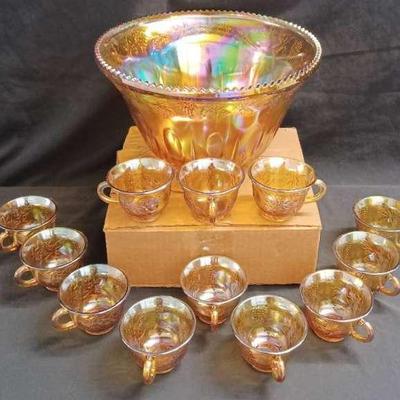 Carnival-Iridescent Punchbowl With 12 Piece Cup Set