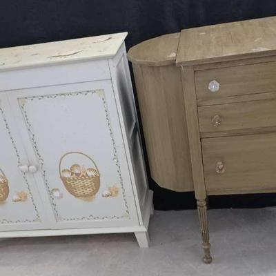Antique Martha Washington Sewing Cabinet, & Shell Painted Accent Cabinet 