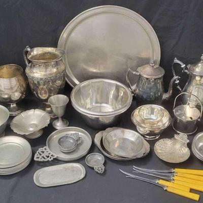 Silverplate And Pewter Decor And A Stainless Steel Knife Set
