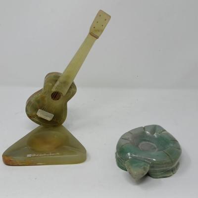 Decorative Jade-Like Guitar And Turtle Ashtrays 