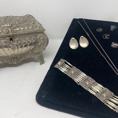 Sterling Silver Jewelry With Ornate Metal Jewelry Box