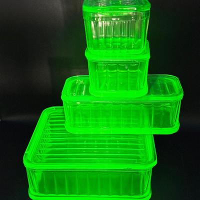 (4) Hocking Paneled Uranium Glass Refrigerator Dishes