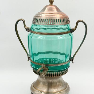 Utility Beverage Dispenser
 Aqua Glass and Metal Samovar – Double Handled Beverage Dispenser