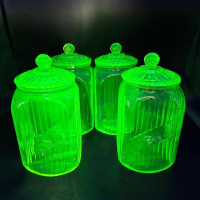 (4) Hocking Green Depression Glass Ribbed Canisters 