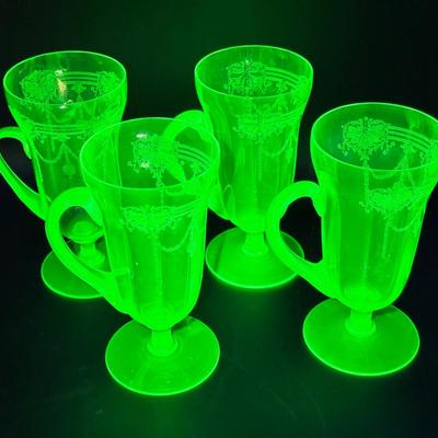 (4) Depression Glass Etched Uranium Footed Mugs
