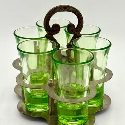 Set of 6 Uranium Glass Shot Glasses with Metal Caddy – Art Deco Era