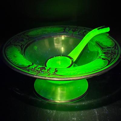 Elegant Uranium Glass Etched Bowl with Matching Ladle – Silver Overlay Decoration