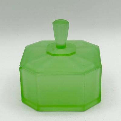 Green Depression Satin Glass Art Deco Powder Box-Possibly New Martinsville
