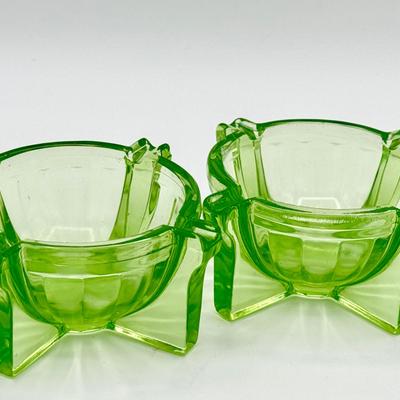 (2) Art Deco Hocking Uranium Glass Ashtrays (Imperfect)