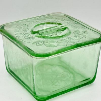 Hazel-Atlas Green Depression Glass Refrigerator Dish with Floral Lid