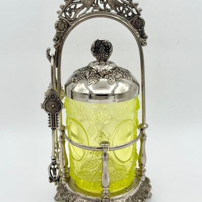 Victorian Uranium Glass Pickle Castor with Silverplate Frame – Rose Pattern
