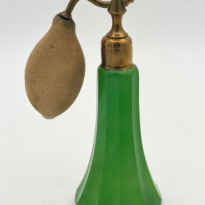 Art Deco Vintage Bohemian Green Glass Perfume Atomizer Marked “B”