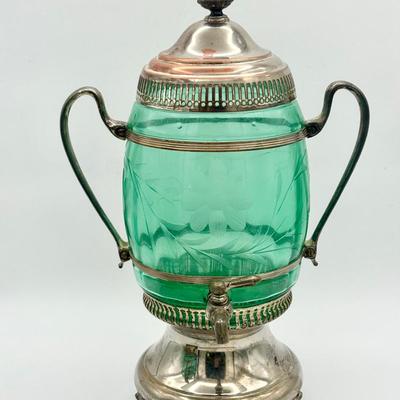 Antique Etched Aqua Glass Samovar – Silverplate Hot Water or Beverage Urn