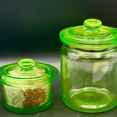 (2) Green Depression Glass Canisters
