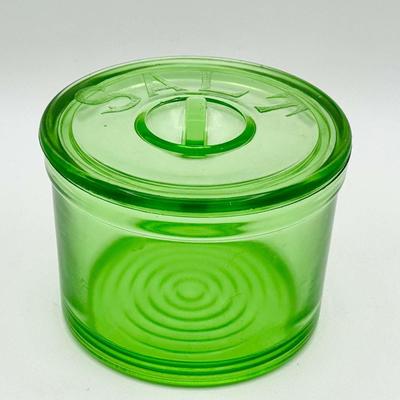 Jeanette Salt Box Uranium Glass Refrigerator Dish