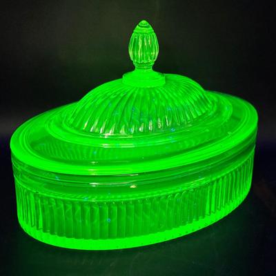 Uranium Glass Covered Candy Dish – Ribbed Pattern with Finial Lid