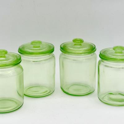 (4) Anchor Hocking Depression Uranium Glass Glass Provision Jars