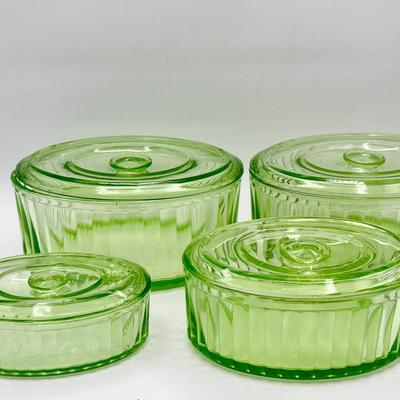 (4) Hocking Uranium Glass Refrigerator Dishes with Lids – Vertical Rib Pattern