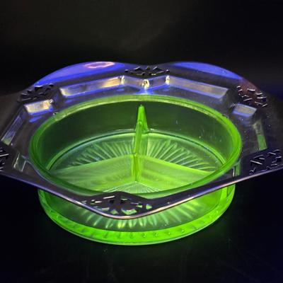 Uranium Glass 3-Part Relish Dish with Silverplate Frame – Likely Farber Bros