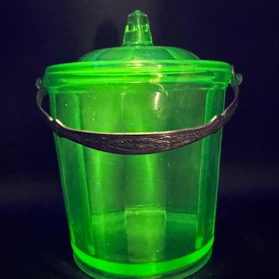 Green Depression Glass Paneled Ice Bucket with Lid