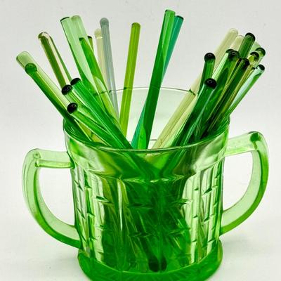 Uranium Glass Child’s Mug with Swizzle Sticks – Mixed Lot