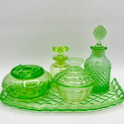 6-Piece Uranium Glass Vanity Set – Assorted Patterns on Matching Tray