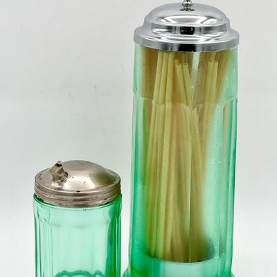 Vintage Green Glass Sugar Shaker & Straw Dispenser